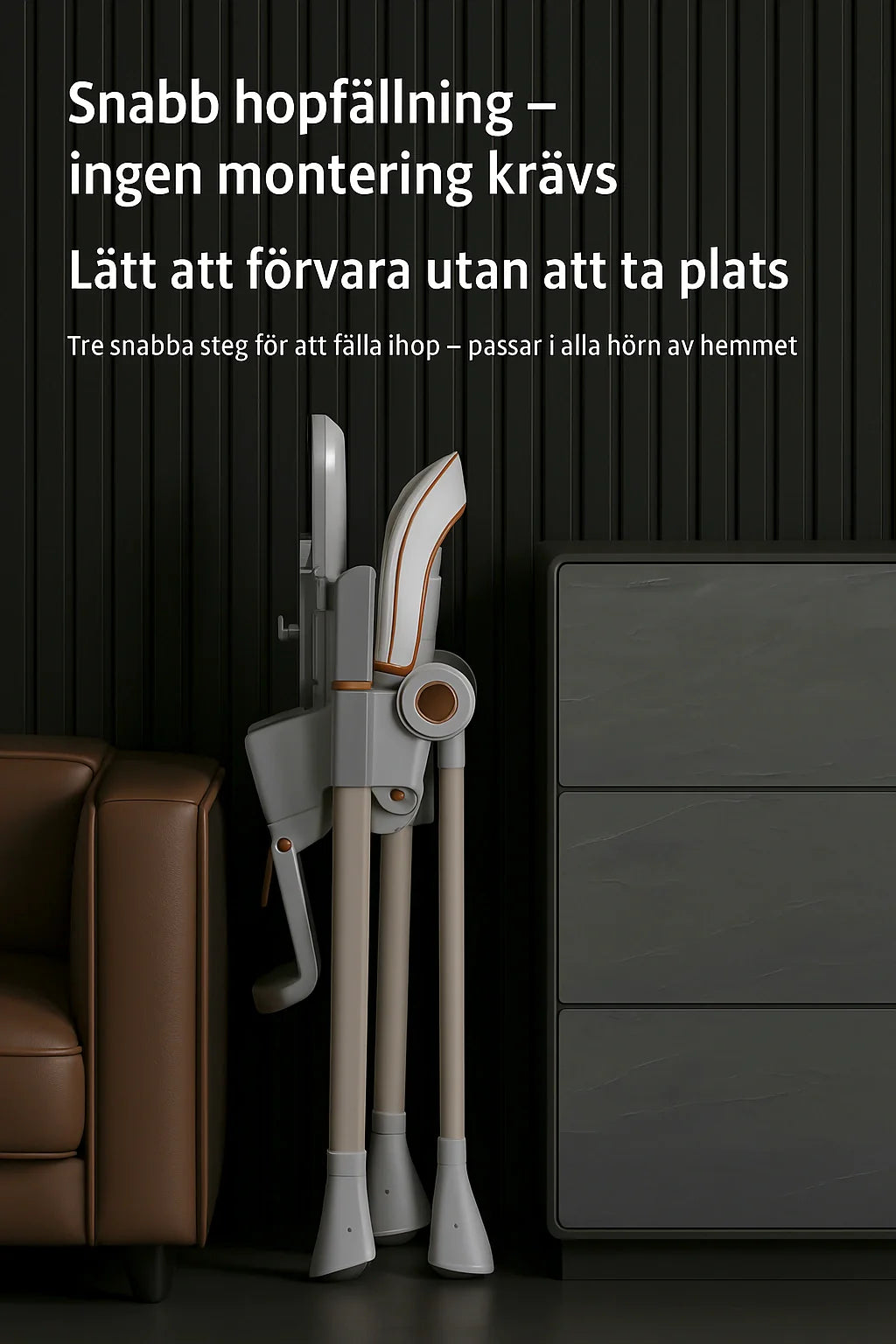 Ihopfälld mellan soffa och byrå